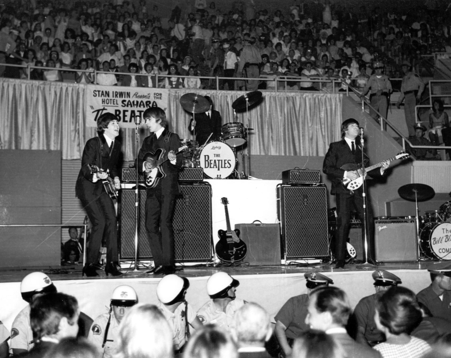 The Beatles play at the Las Vegas Convention Center in 1964.
