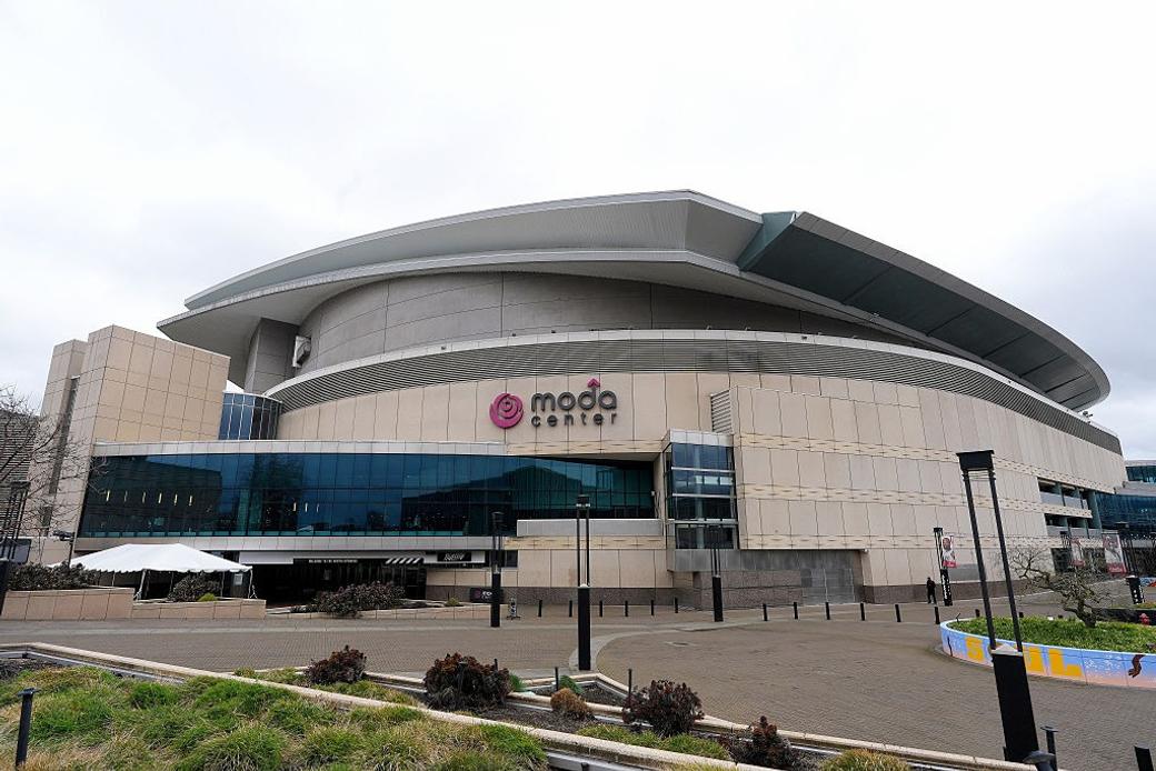 View of large arena from ground level on overcast day