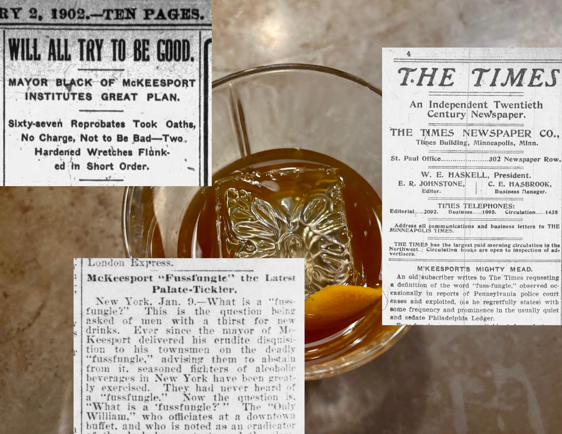 a photo of a cocktail edited with newspaper clippings layered on top of it