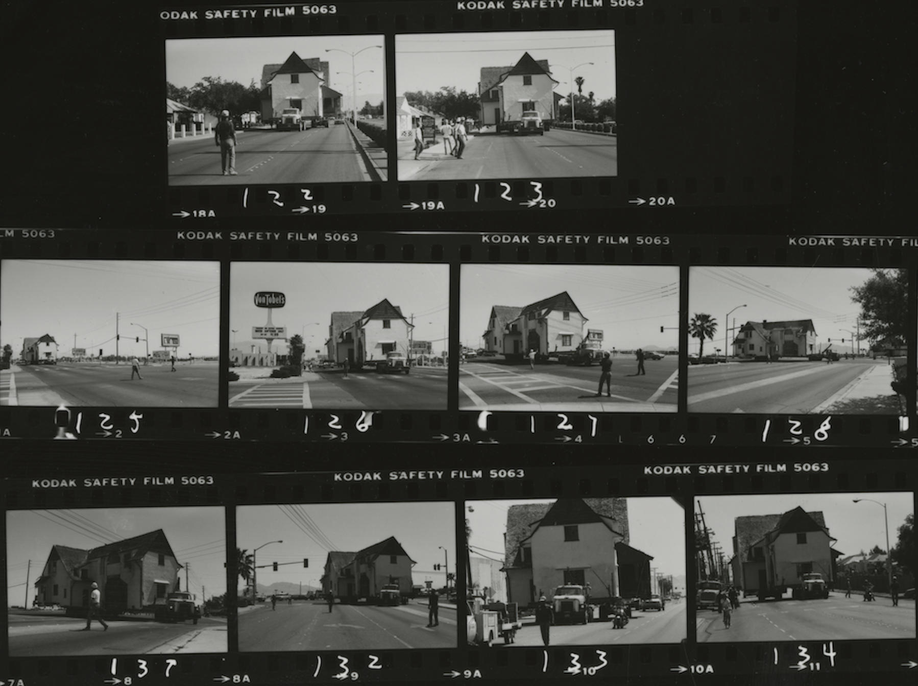 Contact sheet of photos of Houssels House being moved on a truck.