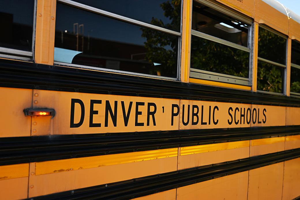 Close up view of a Denver Public Schools yellow bus