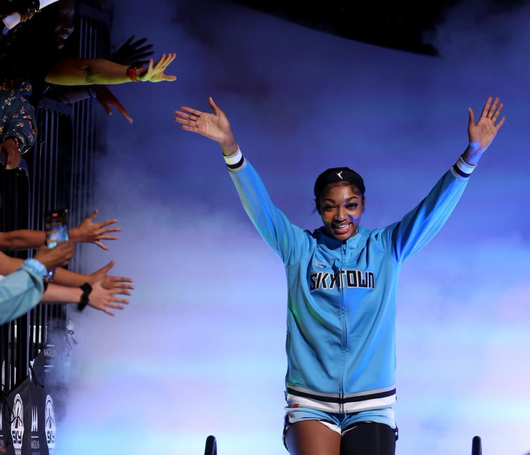 Chicago Sky forward Angel Reese being introduced before the Skyâs home opener against the Connecticut Sun at Wintrust Arena in Chicago on May 25, 2024.