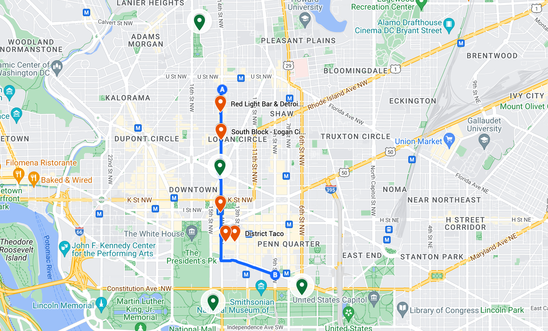 Pride Parade route, with public bathrooms marked in green and food recommendations in red. (Google Maps)