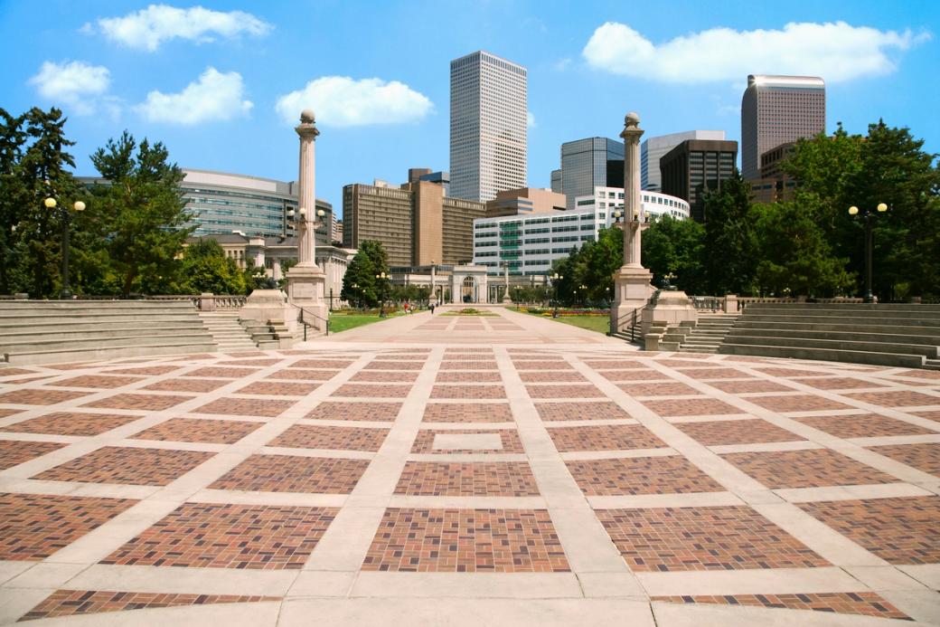 View of downtown Denver from Civic Center sidewalk
