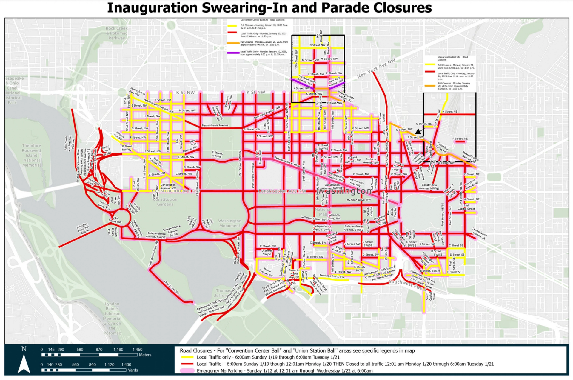 Map of Inauguration Day road closures. (Office of the D.C. Mayor)