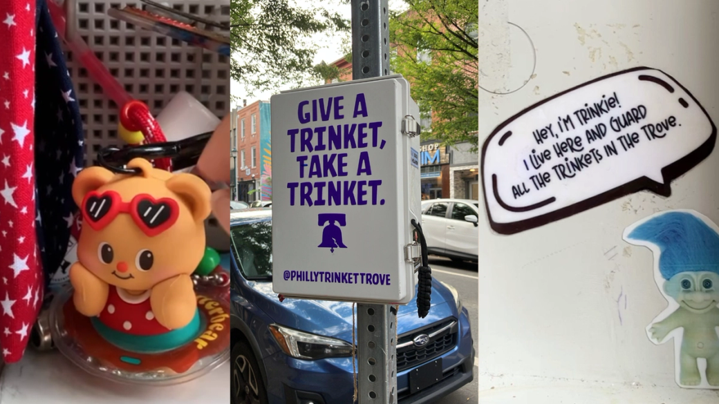 (Left) A key chain of a smiling bear wearing sunglasses, a bathing suit, and a floatie. (Center) A white box that says in purple text “Give a trinket, take a trinket” and “@phillytrinkettrove” with a logo of the Liberty Bell. (Right) A sticker of a Troll doll with a speech bubble that says, “Hey, I’m Trinkie! I live here and guard all the trinkets in the trove.”