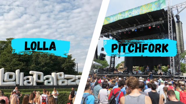 A split image of Lollapalooza and Pitchfork