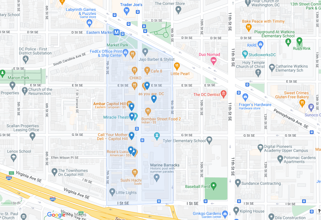 Barracks Row lies along 8th Street SE, between E and F Street. Recommended spots are marked, take it with you when you go! (Google Maps)