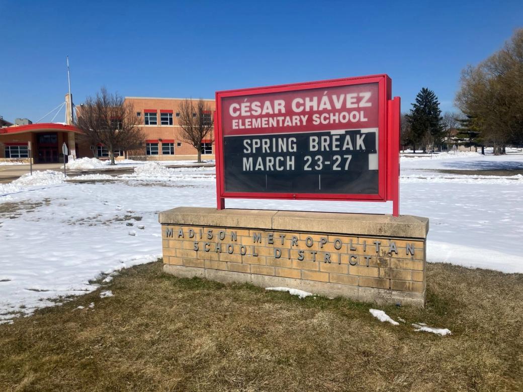 The red sign of Cesar Chavez Elementary School.