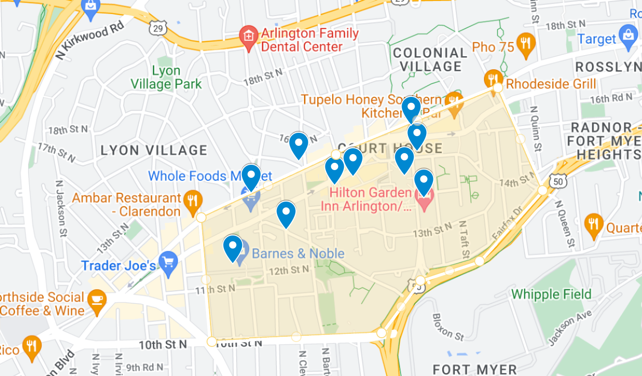 A map of Courthouse with all of our recommendations pinned.