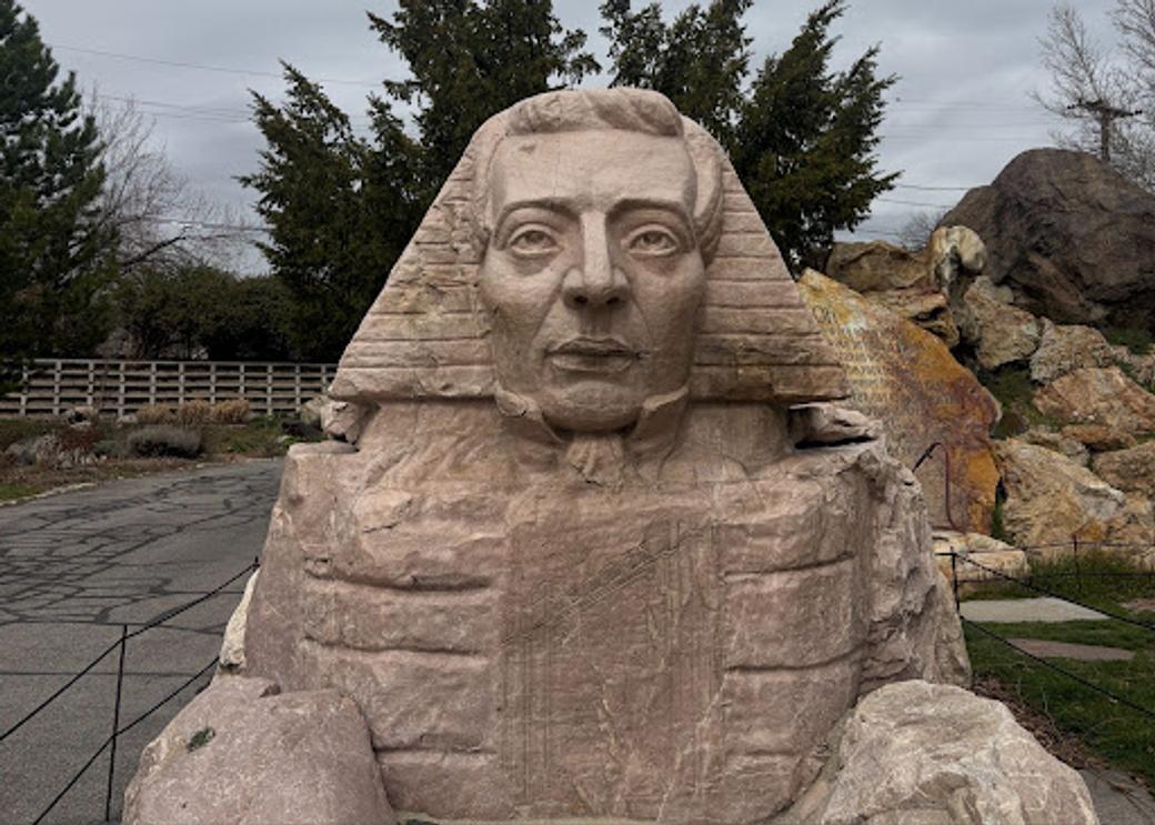 Close-up of the Joseph Smith Sphinx sculpture at Salt Lake City’s Gilgal Sculpture Garden. 