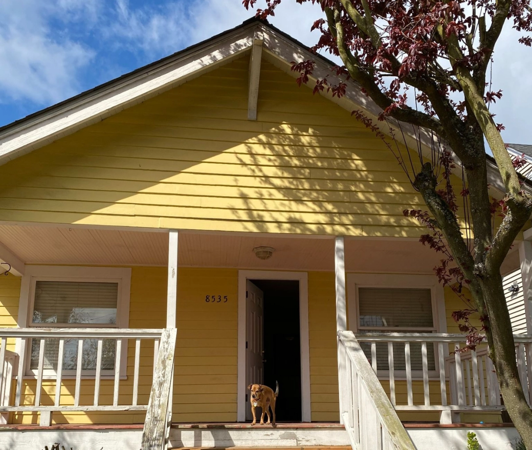 The outside of a yellow house with the door slightly open. In front of the door is a dog