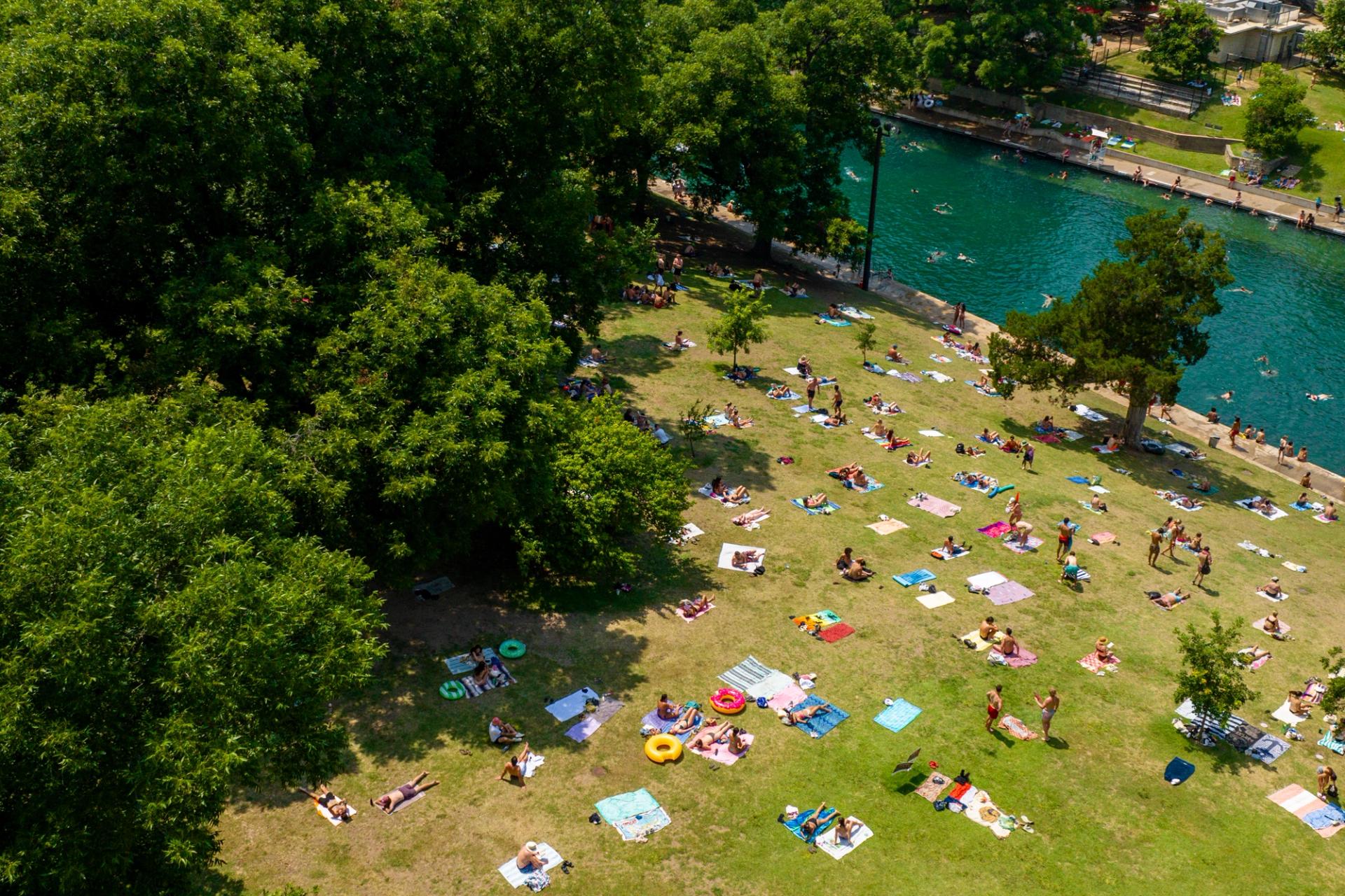 A green, grassy hill is covered in sun-bathers and brightly colored towels.