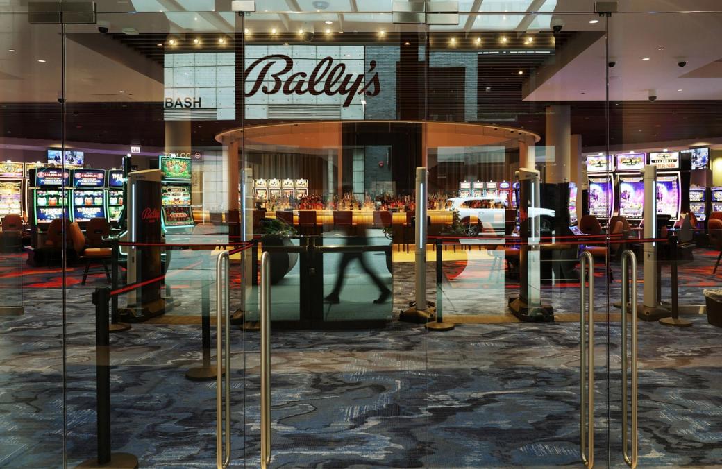 An empty bar and casino. A sign up top says, "Bally's"