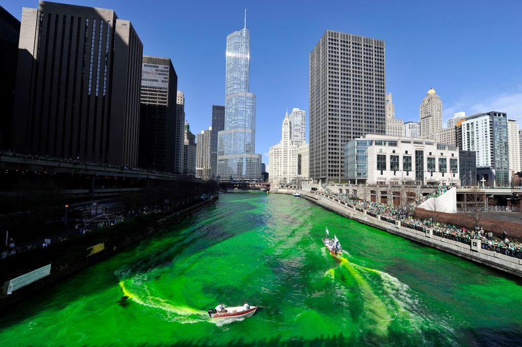 Members of the plumbers union dye the Chicago River green for St. Patrick's Day in 2012