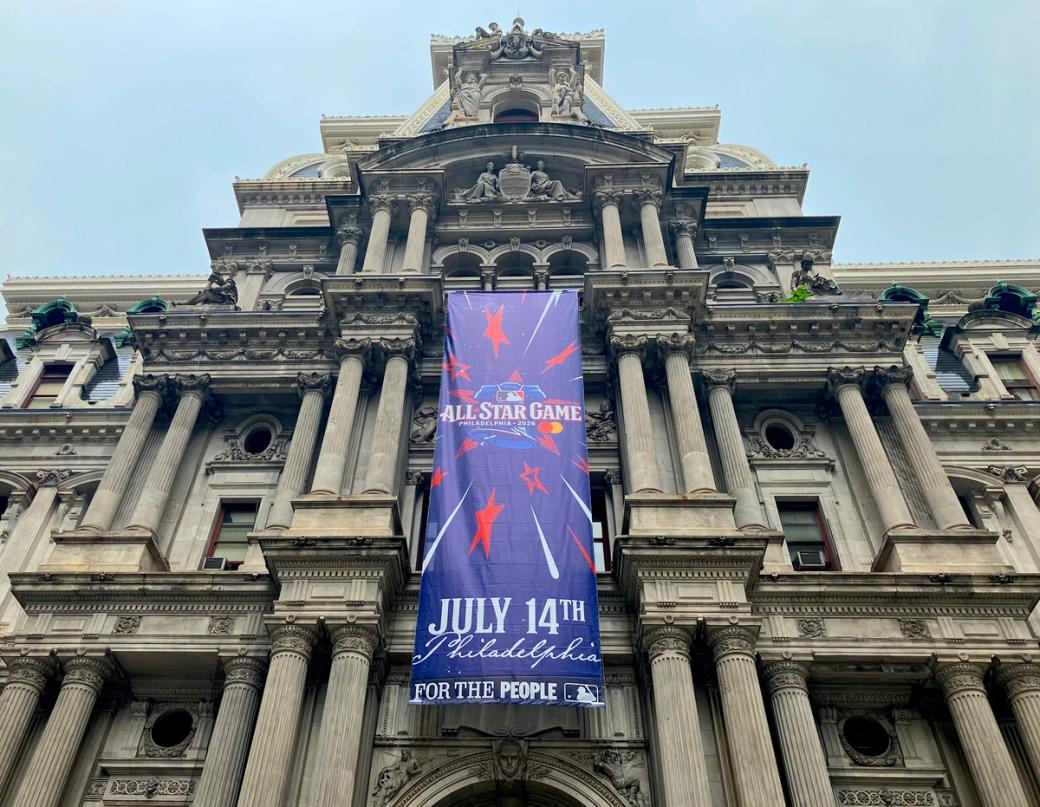 Exterior of City Hall with the MLB All Star Game banner