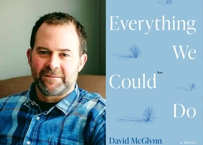 A man in a blue plaid shirt and a book cover.