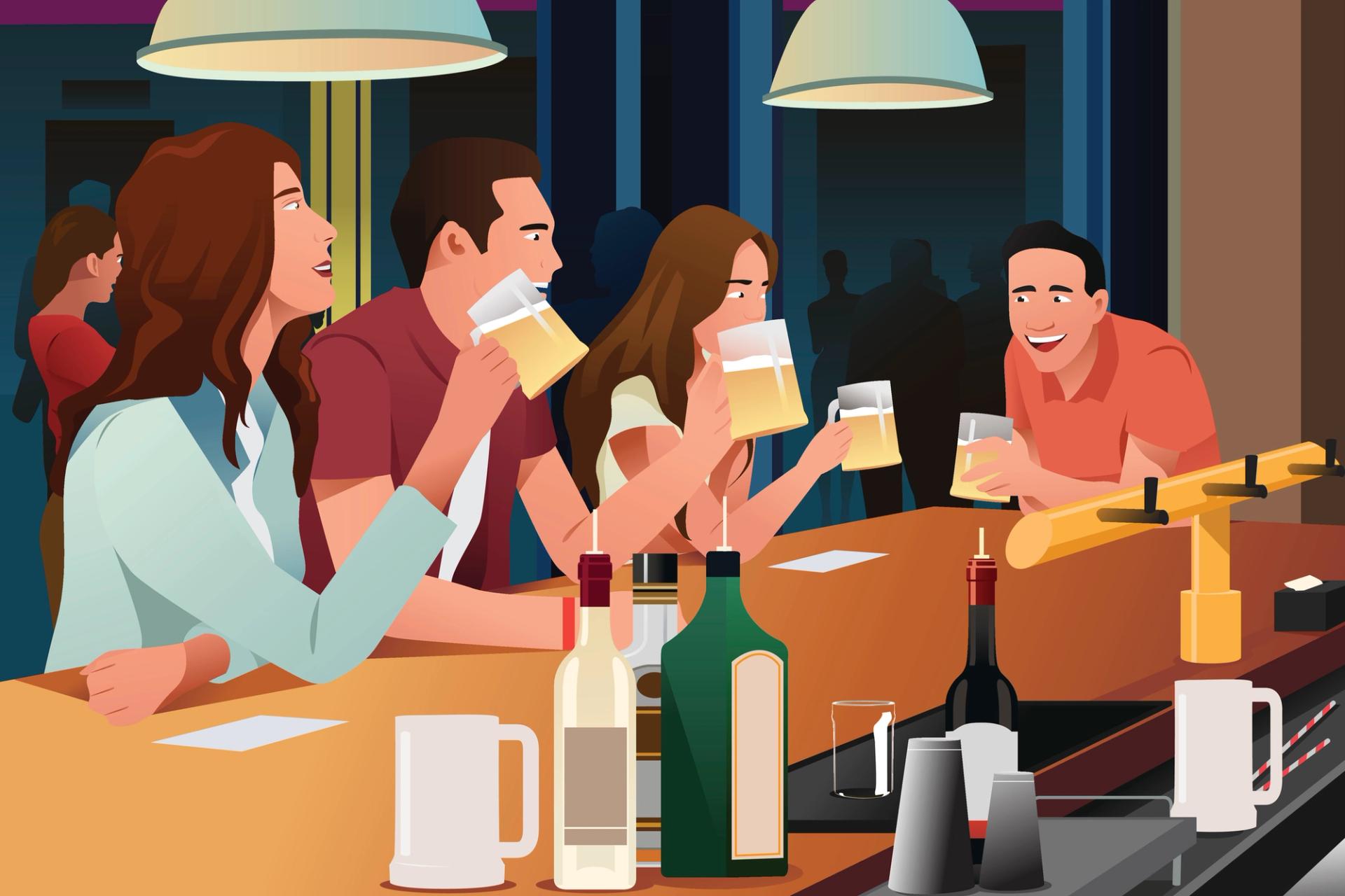 Illustration of people drinking at a bar.