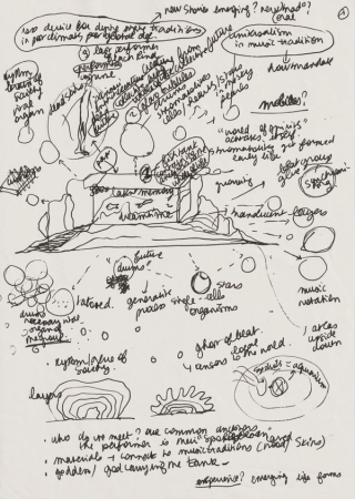 Preparatory sketch for *stirs and thoughts on the emergence of oral traditions as necessary organs for collective existence, and the relationships between the collective unconscious, drums, cells, the origin of life and human dancing traditions.