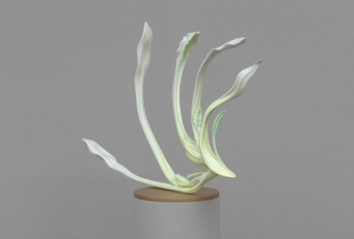 Marguerite Humeau, Eleusis, The desire to care less about things, to loosen your grip on your life, to hold your life playfully like a volleyball. Inspired by the plant Fumaria that bears the signature of blood vessels and supports blood activation., 2022.