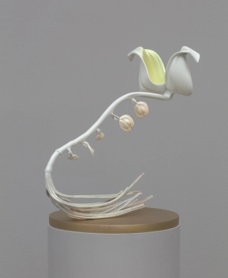 Marguerite Humeau, Coeur de Marie, A relationship that you can’t get out of your head, that is still somehow alive, unfinished. It has become a mythical place, an abandoned campsite in your mental landscape. Inspired by the Bleeding Heart, the plant extract traditionally given to the brokenhearted and the codependent, as it is made of two fused flowers, each being half of a heart., 2022.