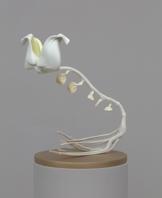 Marguerite Humeau, Coeur de Marie, A relationship that you can’t get out of your head, that is still somehow alive, unfinished. It has become a mythical place, an abandoned campsite in your mental landscape. Inspired by the Bleeding Heart, the plant extract traditionally given to the brokenhearted and the codependent, as it is made of two fused flowers, each being half of a heart., 2022.