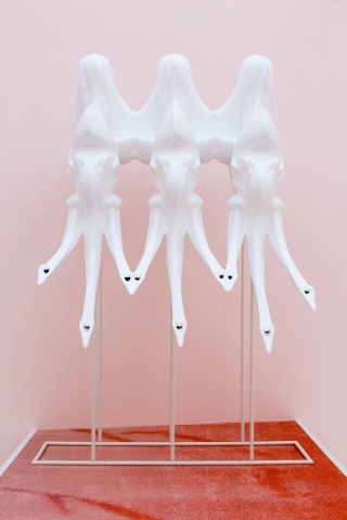Marguerite Humeau, Edwina, Amelia, Antonia, Three females which larynges that have gone down, allowing them to sing in an almost articulated language, 2016.