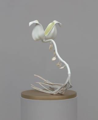 Marguerite Humeau, Coeur de Marie, A relationship that you can’t get out of your head, that is still somehow alive, unfinished. It has become a mythical place, an abandoned campsite in your mental landscape. Inspired by the Bleeding Heart, the plant extract traditionally given to the brokenhearted and the codependent, as it is made of two fused flowers, each being half of a heart., 2022.