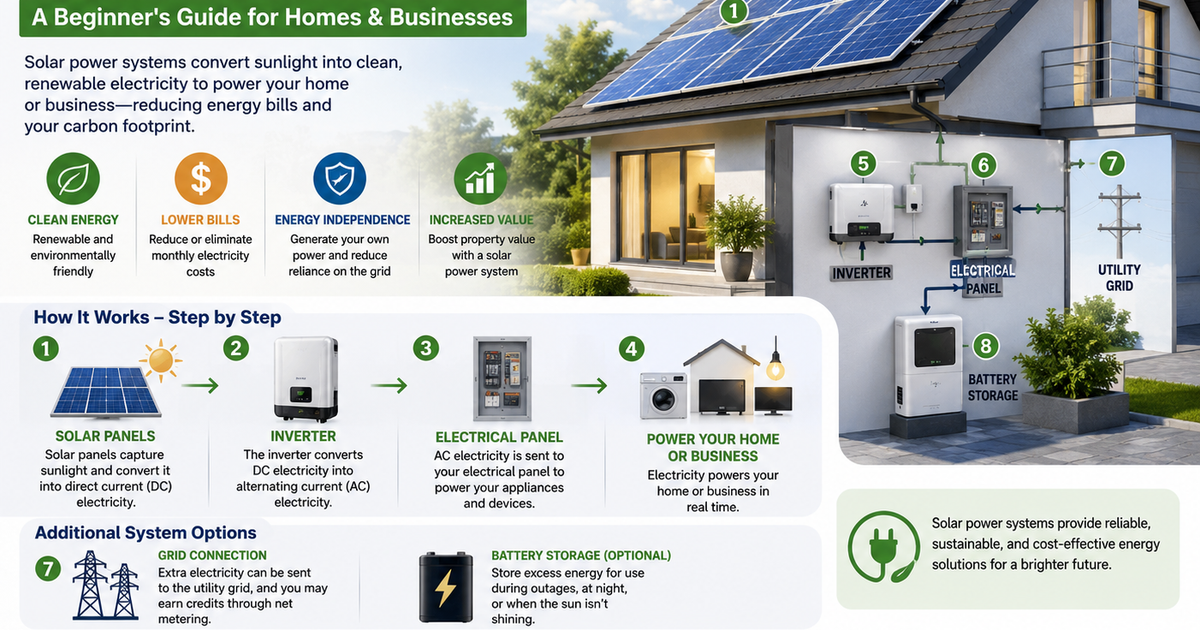 How Solar Power Systems Work: A Beginner's Guide for Homes and Businesses, illustrating solar panels, energy conversion, battery storage, and grid-connected solar power systems.