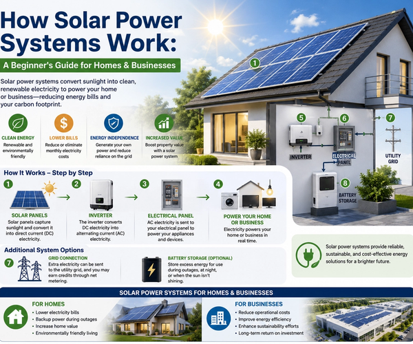 How Solar Power Systems Work: A Beginner's Guide for Homes and Businesses, illustrating solar panels, energy conversion, battery storage, and grid-connected solar power systems.