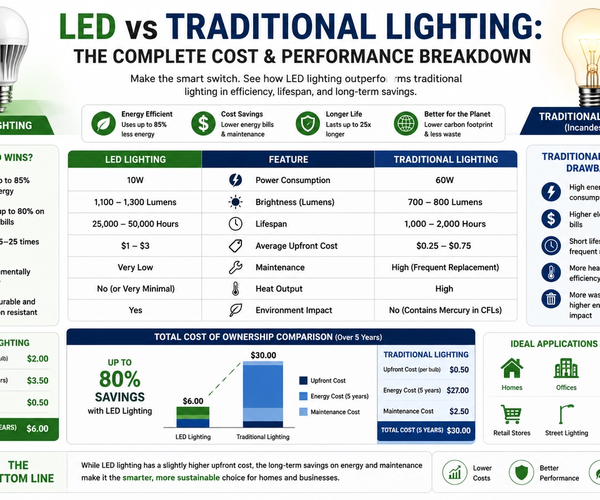 LED vs Traditional Lighting infographic comparing energy efficiency, lifespan, m