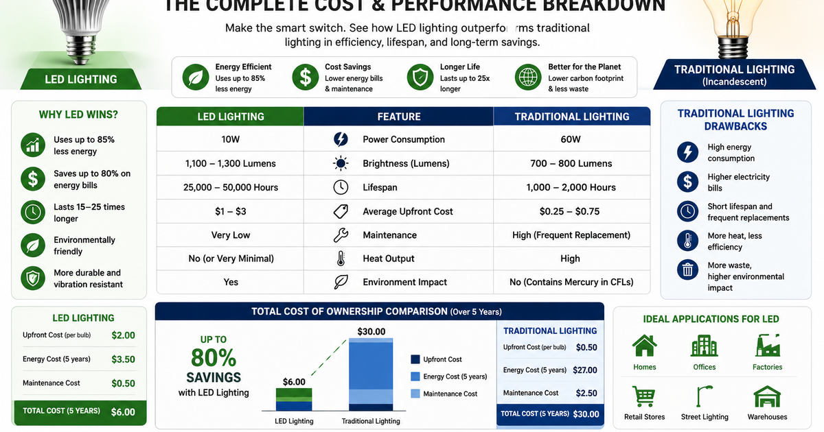 LED vs Traditional Lighting infographic comparing energy efficiency, lifespan, m
