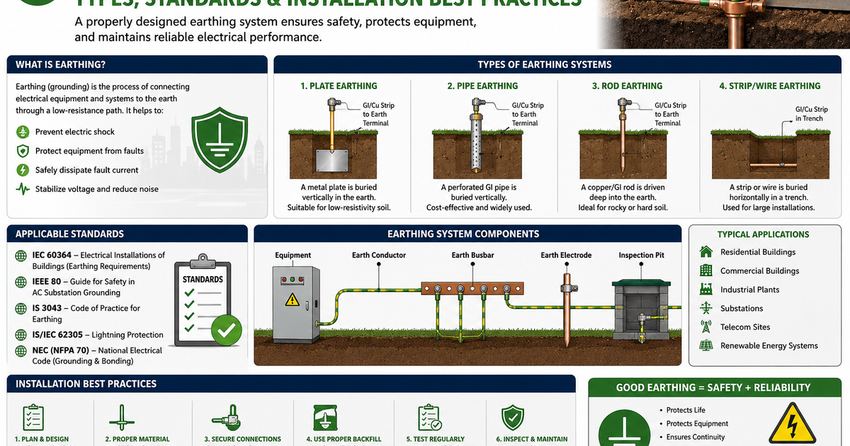 Earthing systems infographic explaining different grounding methods, electrical safety standards, system components, and installation best practices for residential, commercial, and industrial applications.