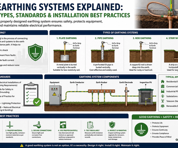 Earthing systems infographic explaining different grounding methods, electrical safety standards, system components, and installation best practices for residential, commercial, and industrial applications.