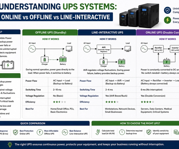 Understanding UPS Systems infographic comparing Online UPS, Offline UPS, and Line-Interactive UPS, including power flow, switching time, efficiency, and best use cases.
