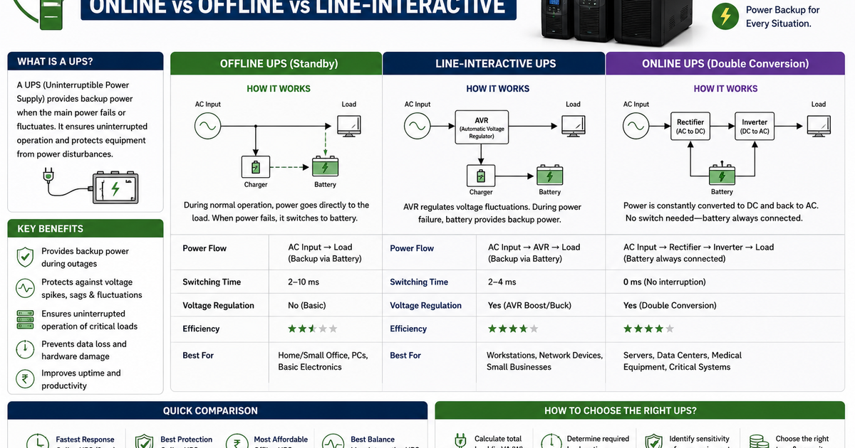 Understanding UPS Systems infographic comparing Online UPS, Offline UPS, and Line-Interactive UPS, including power flow, switching time, efficiency, and best use cases.