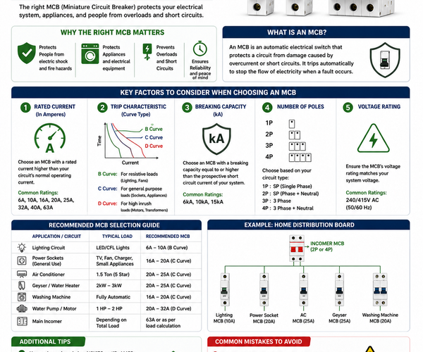 How to Choose the Right MCB for Your Home or Office infographic explaining MCB ratings, trip curves, breaking capacity, pole types, and electrical safety guidelines.