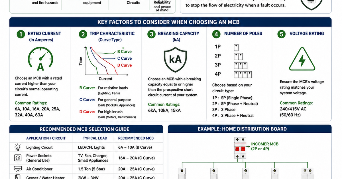 How to Choose the Right MCB for Your Home or Office infographic explaining MCB ratings, trip curves, breaking capacity, pole types, and electrical safety guidelines.