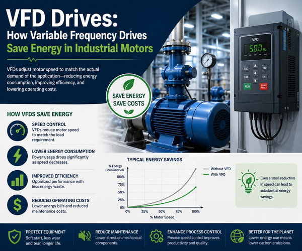 VFD Drives: How Variable Frequency Drives Save Energy in Industrial Motors with reduced energy consumption and improved operational efficiency.