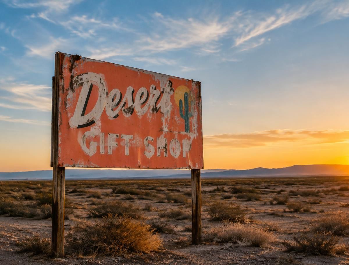 A weathered coral-painted roadside gift shop sign standing alone in a desert at sunset