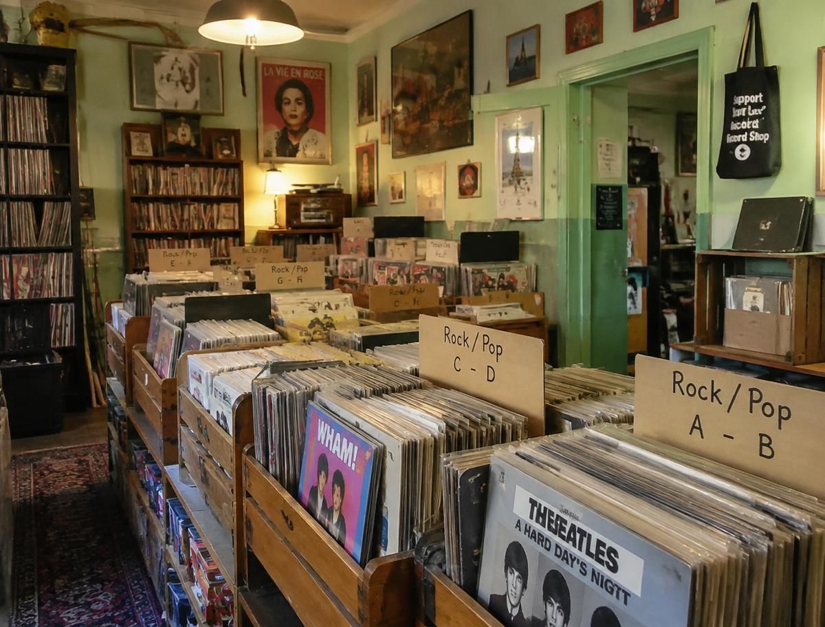 Interior of a crowded second-hand record shop with crates of vinyl and handwritten cardboard dividers
