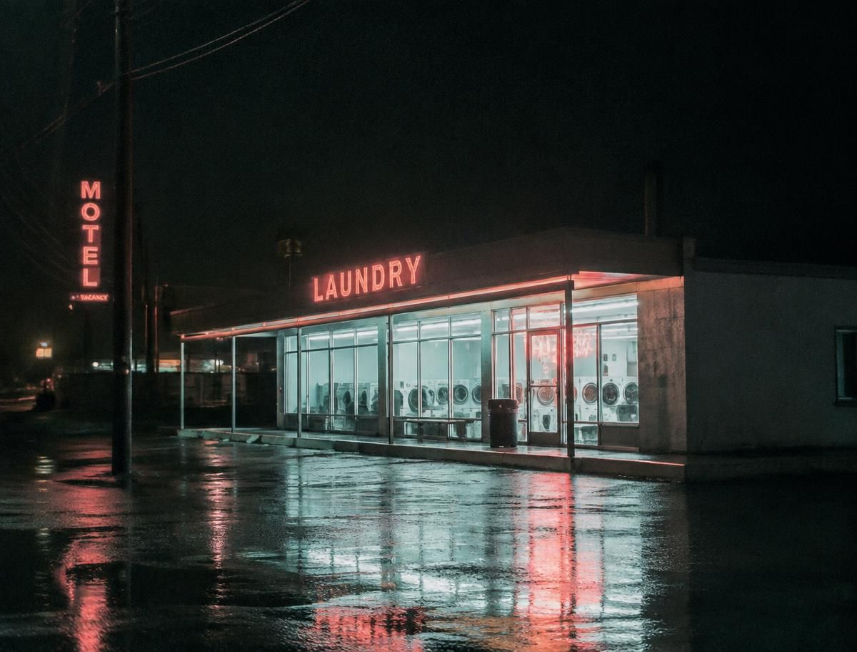 A neon-lit laundromat glowing on an empty wet street at night