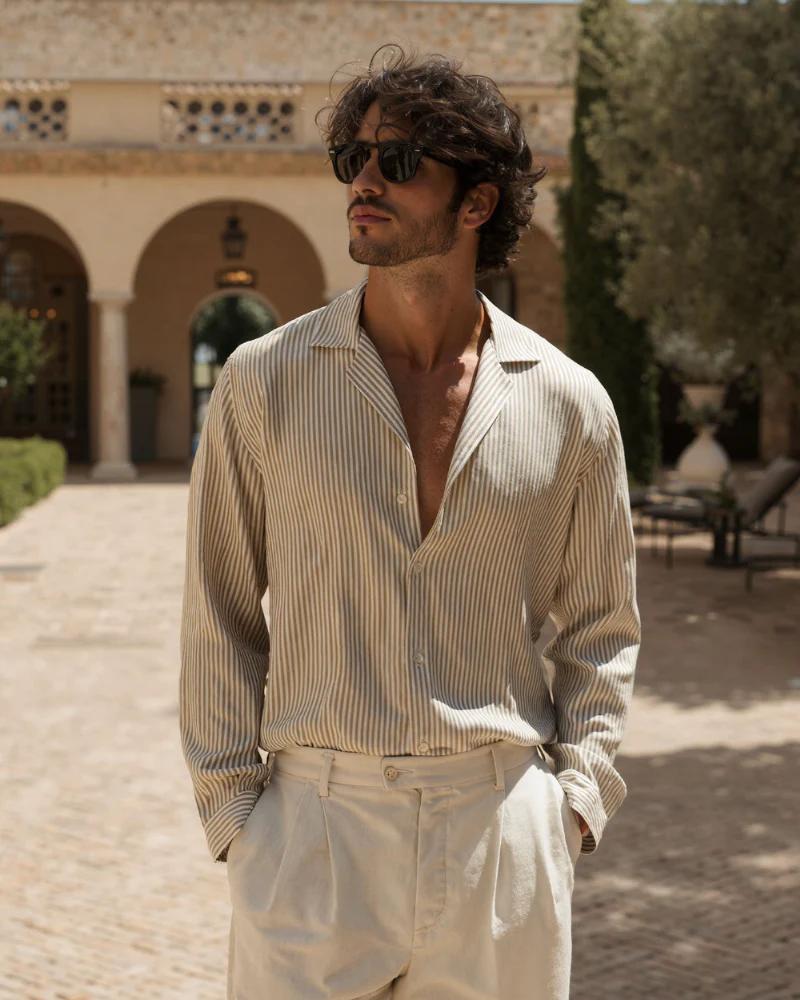 Beige and Brown Striped Linen Shirt