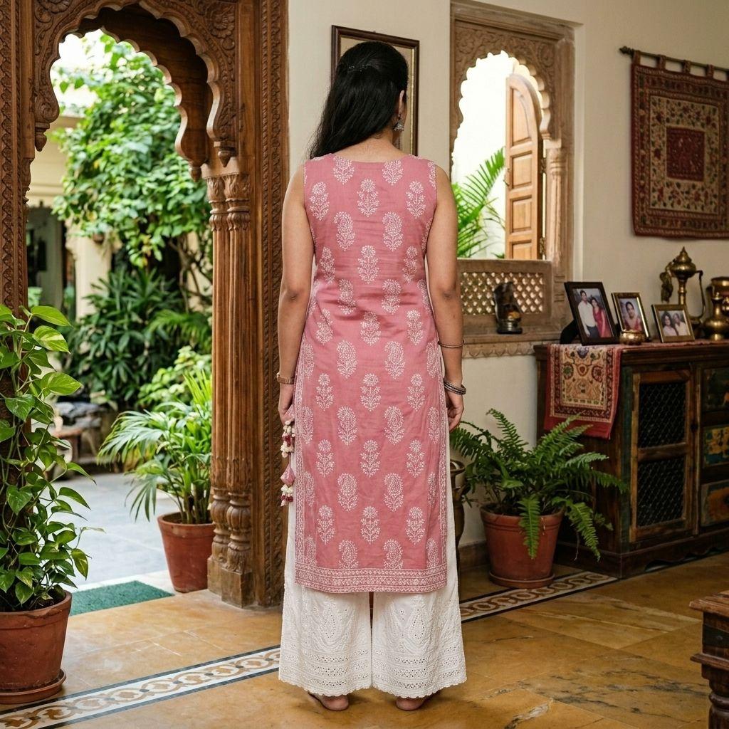 Pink Block Print Kurti Set - Image 3