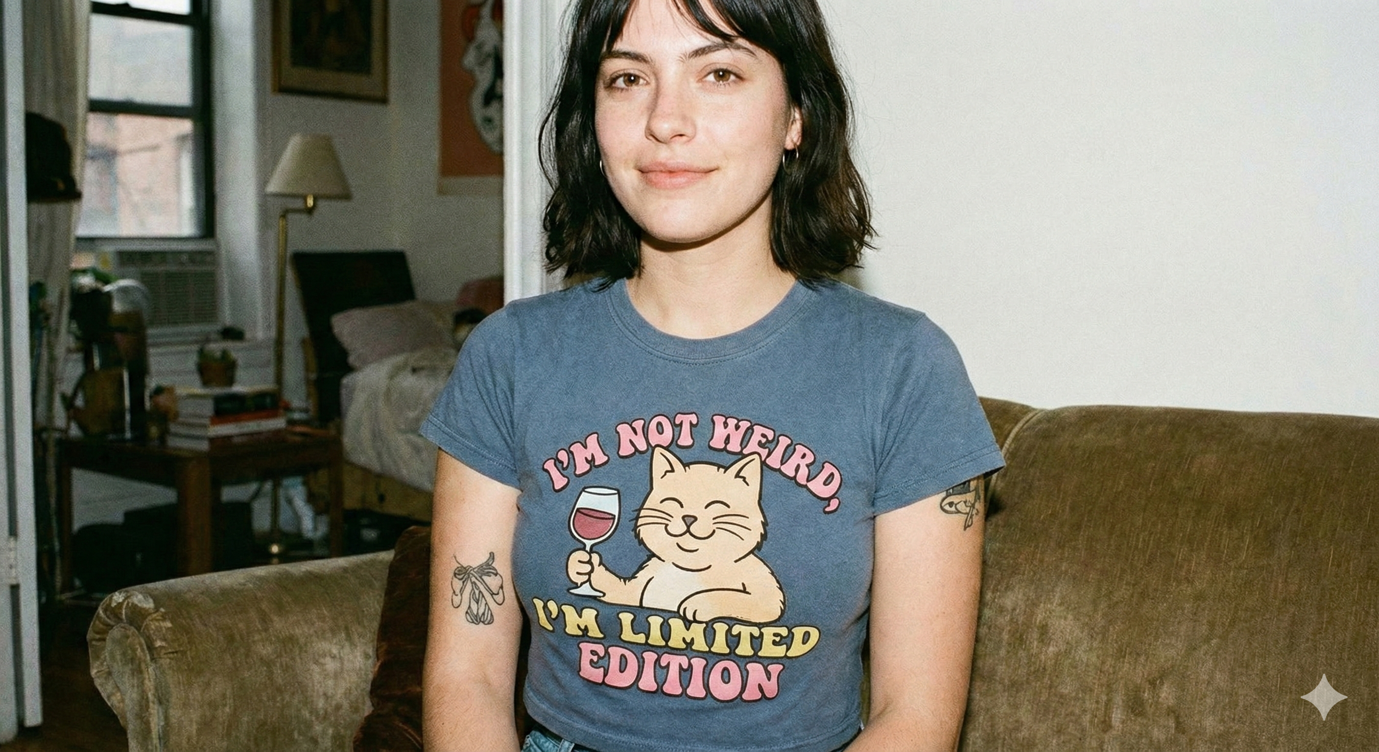 VINTAGE BLUE CAT CROP TEE