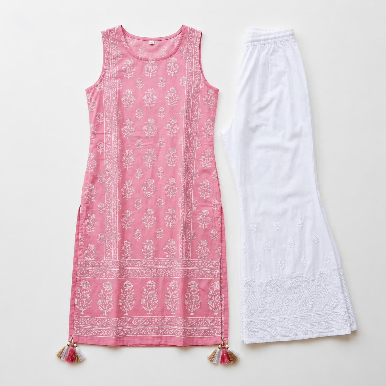 Pink Block Print Kurti Set - Image 2