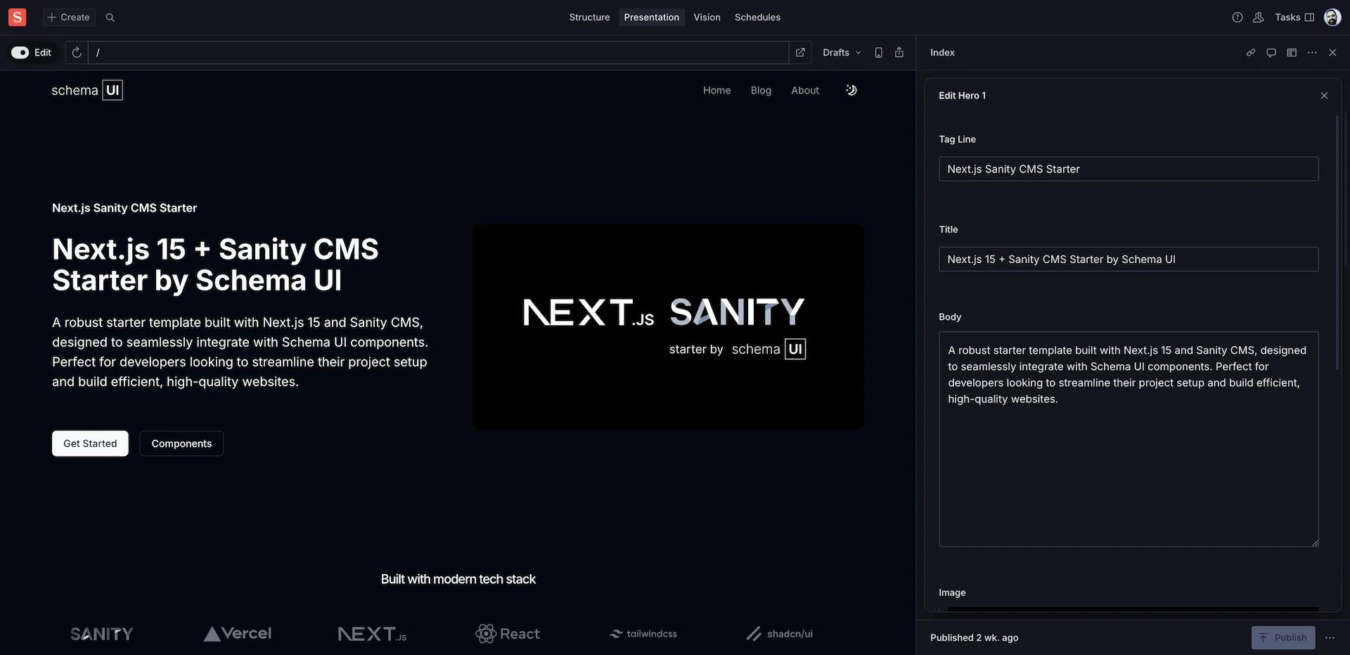 Screenshot of Sanity Studio using Presentation Tool to do Visual Editing