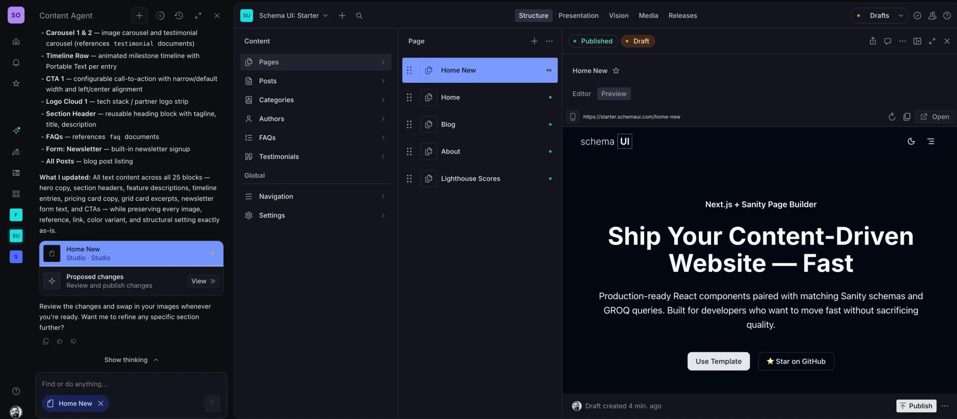 Screenshot of Sanity Studio using Content Agent