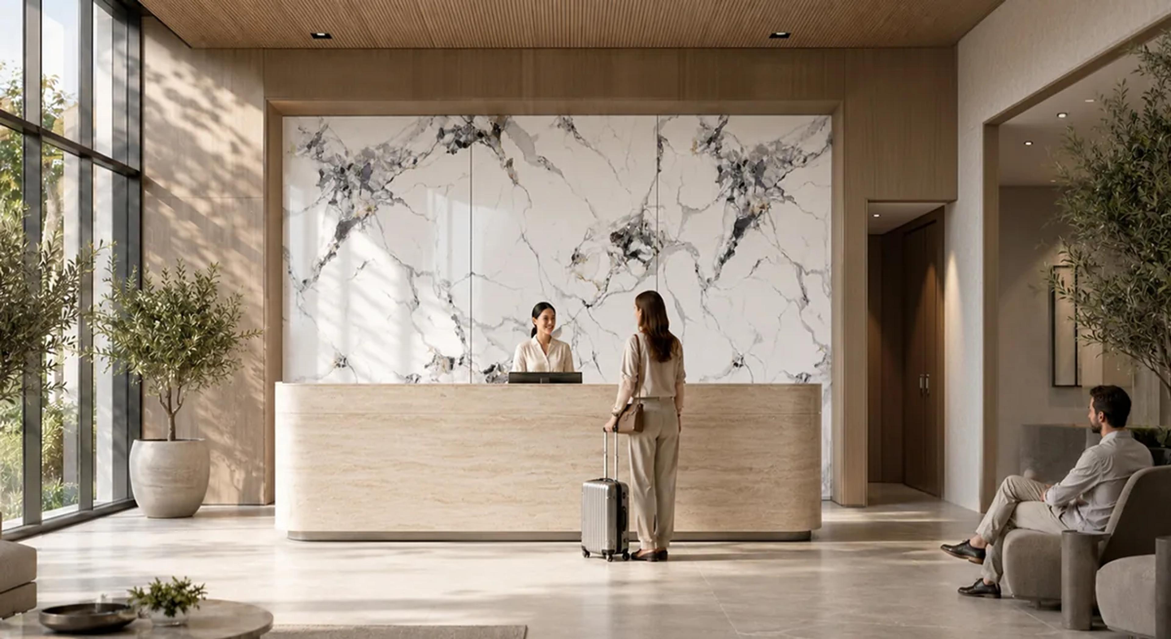 Continuous Marble SPC wall panels in an interior setting
