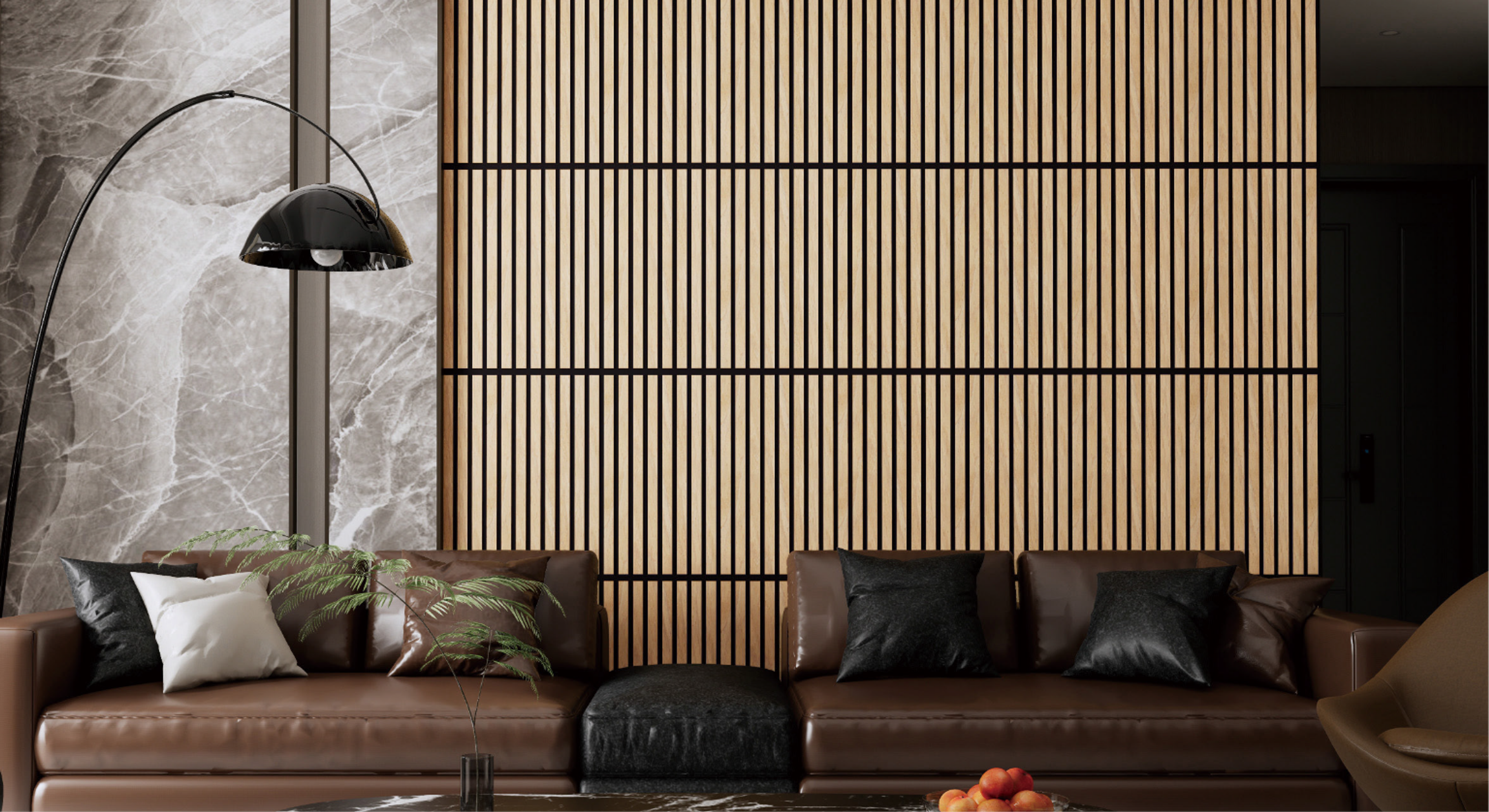 Foldable MDF acoustic panels in an interior setting